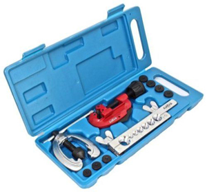Brake line flaring tool kit with pipe cutter